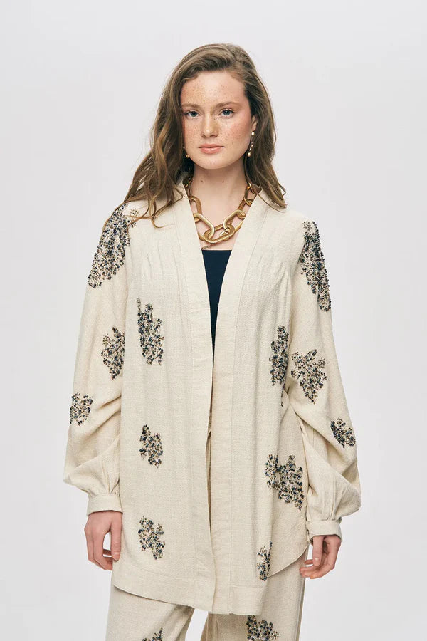 Embellished Cotton Linen Wrap Kimono