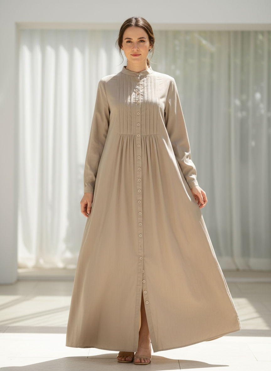 Woman wearing a  cotton long beige pleated shirt dress in a bright room with white curtains.