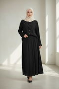 Women's black cotton viscose co-ord set featuring a buttoned shirt and flowy maxi skirt