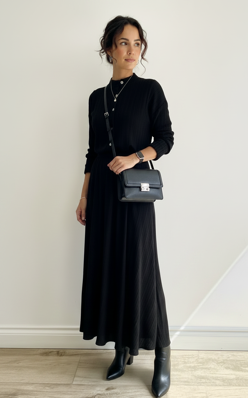 Black Buttoned Shirt and Maxi Skirt Co-ord Set